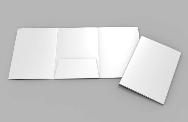 istock Tri-fold Blank white reinforced A4 middle single pocket folder catalog on grey background for mock up. 3D rendering. 897900916