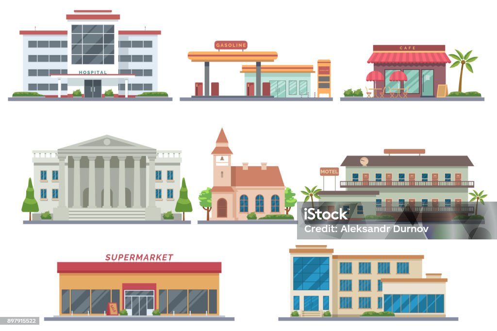 Vector city public buildings set. Hospital, gas station, cafe, bank, church, motel, supermarket, school. Isolated on white background. Architecture flat illustration. Urban infrastructure. Eps 10 Building Exterior stock vector