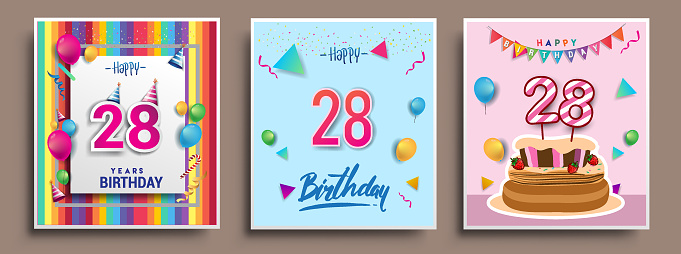 Vector Sets of Birthday invitation, greeting card Design, with confetti and balloons, birthday cake, Colorful Vector template Elements for your Birthday Celebration Party.