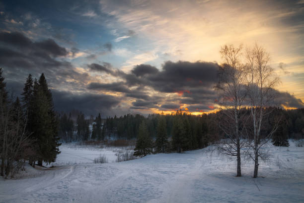 冬季の夕暮れの風景 - rural scene russia ski track footpath ストックフォトと画像