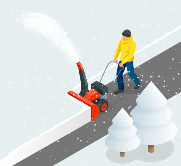 Vector illustration of A man cleans snow from sidewalks with snowblower. City after blizzard. Isometric vector illustration.