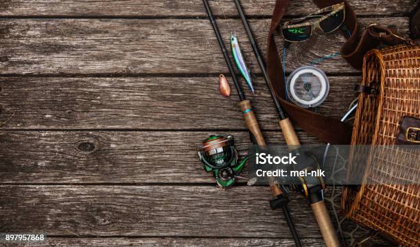 Fishing Tackle Background Fishing Design Elements Stock Photo - Download Image Now