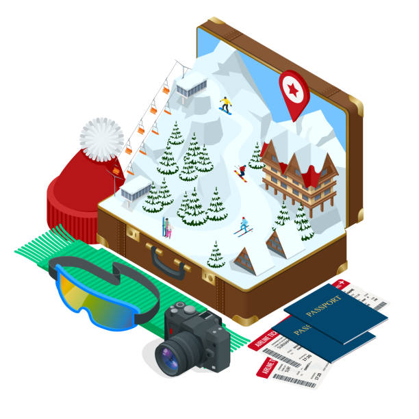 illustrations, cliparts, dessins animés et icônes de station de ski, pente, personnes sur les remontées mécaniques, les skieurs sur les pistes parmi les pins blanc neige et hôtel. vacances d’hiver web conception de bannière. illustration d’isométrique vectorielle. - ski resort austria village winter