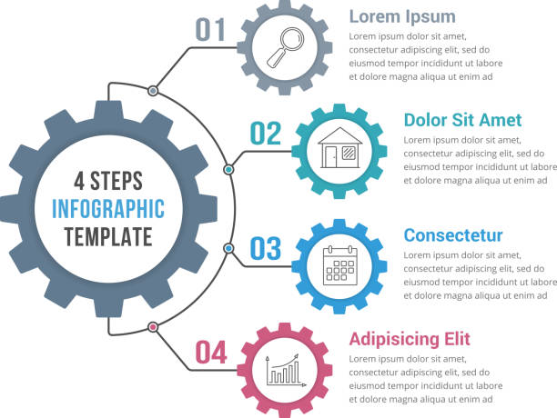 illustrazioni stock, clip art, cartoni animati e icone di tendenza di modello infografico con ingranaggio - gear machine part wheel four objects