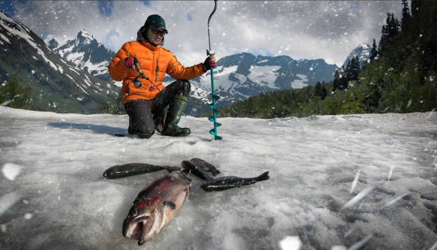 la pêche. glace à la pêche de fond. - ice fishing photos et images de collection