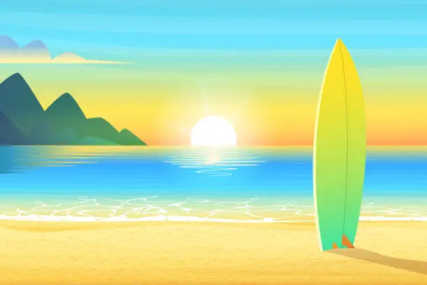 Vector illustration of Surf board on a sandy beach. Sunrise or sunset, sand on bay and the mountain wonderful sun shines. Cartoon vector illustration.