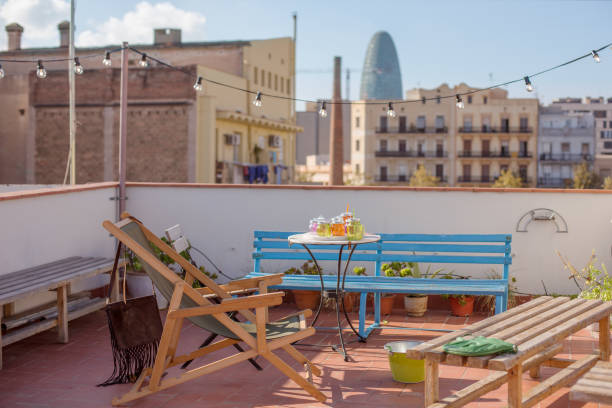 istock View from sunny rooftop terrace before the party 897997870