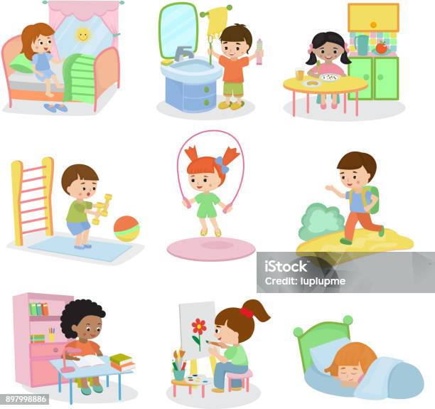 Ilustración de Las Actividades Cotidianas De Los Niños Vector Set Niños Actividad Diaria En El Niño Ilustración de Las Actividades Cotidianas De Los Niños Vector Set Niños Actividad Diaria En El Niño