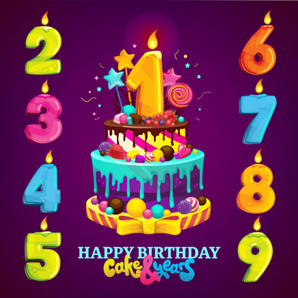stockillustraties, clipart, cartoons en iconen met gelukkige verjaardagstaart en nummers voor elk jaar. vectorillustratie - eerste verjaardag
