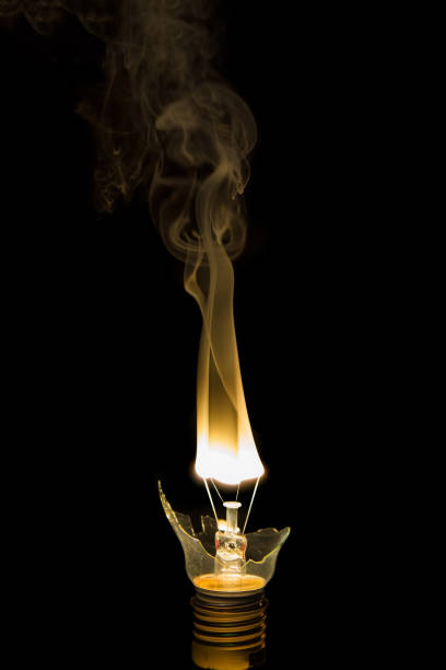 istock Broken light bulb burn out with flame on filament with smoke 898007642