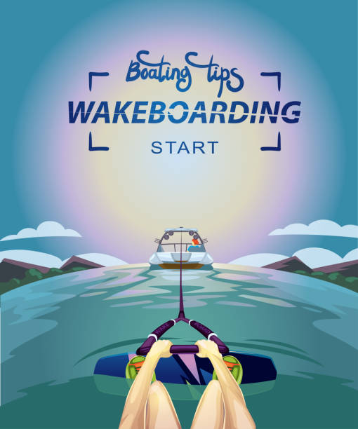 вейкбординг начинается в воде. - wakeboarding waterskiing water ski sunset stock illustrations