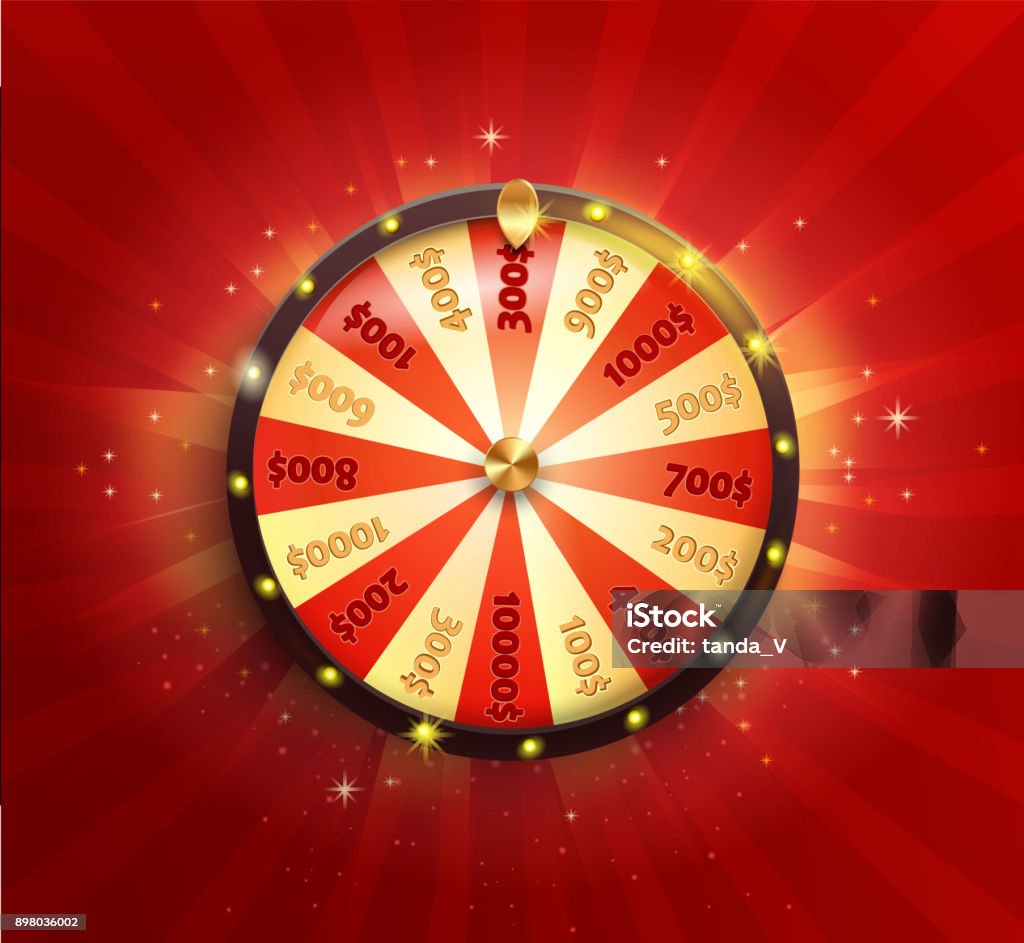 Symbol of spinning  wheel. Vector. Symbol of spinning wheel in realistic style. Shiny lucky roulette for your design on red glowing sunburst background. Vector illustration. Wheel stock vector