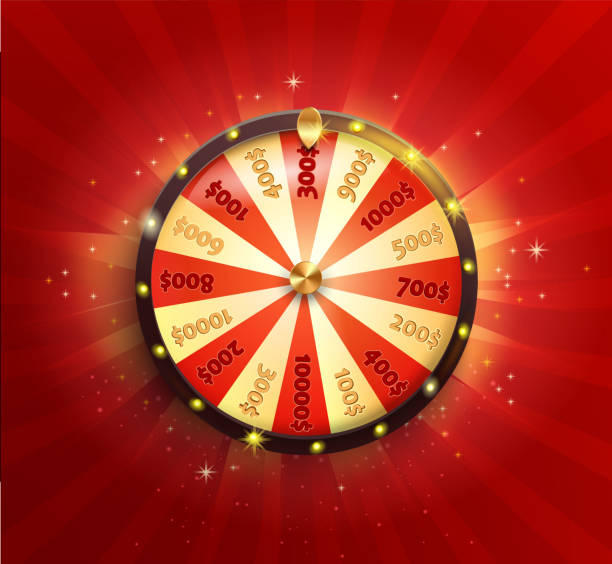 Symbol of spinning  wheel. Vector. Symbol of spinning wheel in realistic style. Shiny lucky roulette for your design on red glowing sunburst background. Vector illustration. us recession stock illustrations