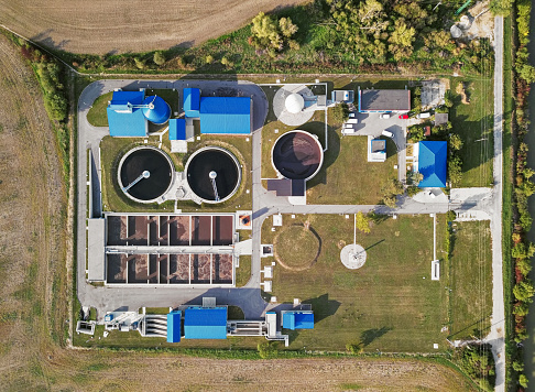 Aerial view from top of small sewage treatment plant