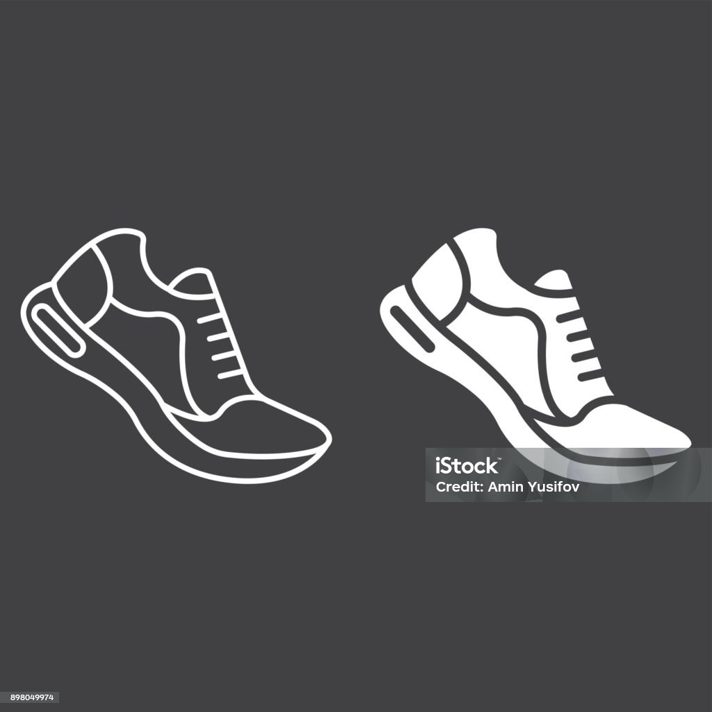 Línea de zapatillas e icono de glifo, fitness y deporte, gimnasio signo vector graphics, un patrón linear sobre un fondo negro, eps 10. - arte vectorial de Maratón libre de derechos