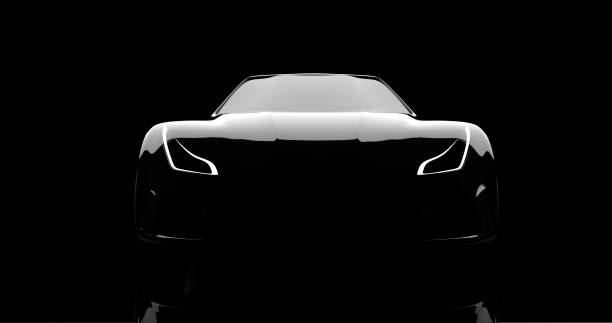 silhouette of black sports car on black silhouette of black sports car on black background, 3d render, generic design, non-branded smart car stock pictures, royalty-free photos & images