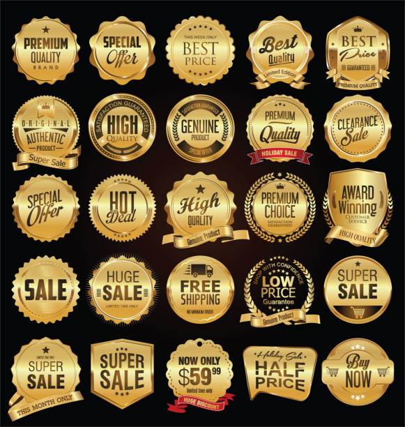 ilustrações de stock, clip art, desenhos animados e ícones de super sale golden retro badges and labels vector collection - frame circle scroll shape ornate