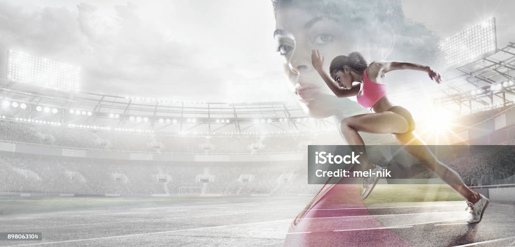 Sport backgrounds. Heroic Runner portrait. Mixed media. Sport.Runner Sport Stock Photo