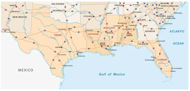 Vector illustration of Map of the five US states on the Gulf of Mexico