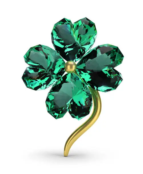 Brooch in the form of an emerald clover. St.Patrick 's Day. 3d image. White background.