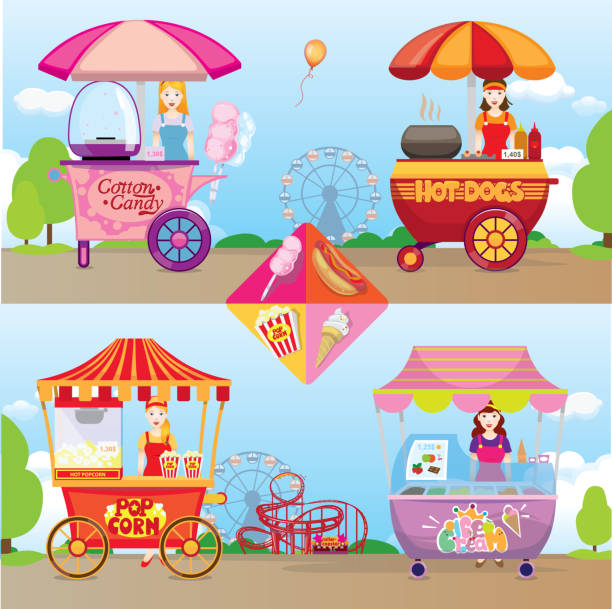 illustrazioni stock, clip art, cartoni animati e icone di tendenza di popcorn, gelato, hot dog, set di zucchero filato - ferris wheel immagine