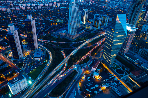 Roads and skyscrapers of Istanbul at night