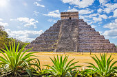 Sunny Archaeological site Kukulkan / El Castillo , Mayan Pyramid Chichen Itza Mexico