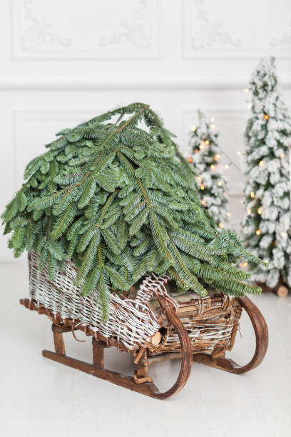 istock woven from willow wooden sled with Christmas Tree on a white wall background. copy space 898085238
