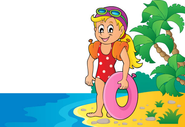 ilustrações de stock, clip art, desenhos animados e ícones de little girl swimmer image 4 - swimwear child inner tube little girls