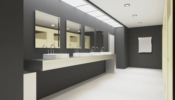 istock Clean public toilet room empty with wooden partition. 3D rendering. Empty picture 898095276