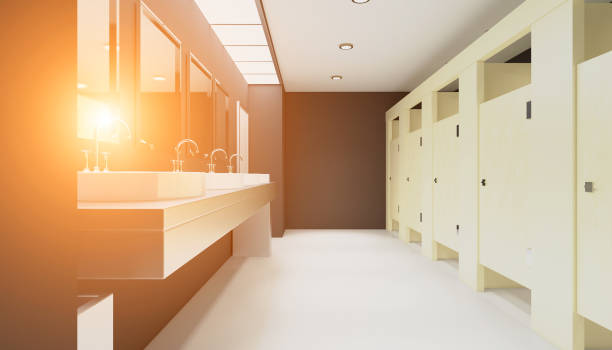 istock Contemporary interior of public toilet. 3D rendering. Sunset 898095278