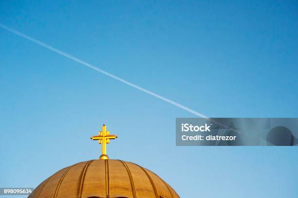 Trail Of The Plane In The Sky Stock Photo - Download Image Now - Architectural Dome, Balkans, Belgrade - Serbia