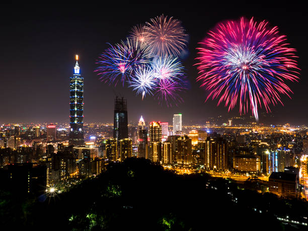 istock Taipei cityscape Night light with fireworks 4 898102450