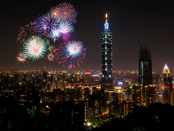 istock Taipei cityscape Night light with fireworks 3 898102502