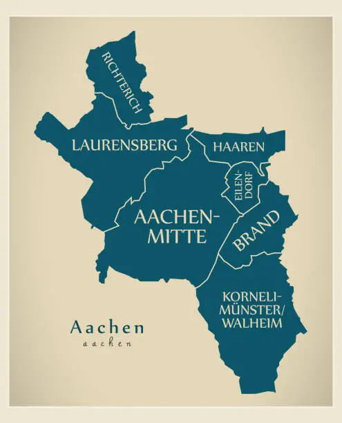 Vector illustration of Modern City Map - Aachen city of Germany with boroughs and titles DE