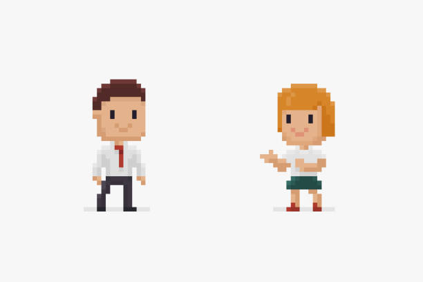 Pixel People Two pixel art characters, male and female, in office dress isolated on white background pixelated face man stock illustrations