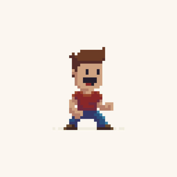 Pixel Art Character Pixel art male happy game character in fighter stance pixelated face man stock illustrations