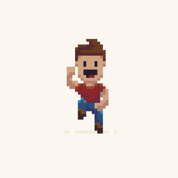 Pixel Art Character Pixel art happy jumping male character pixelated face man stock illustrations
