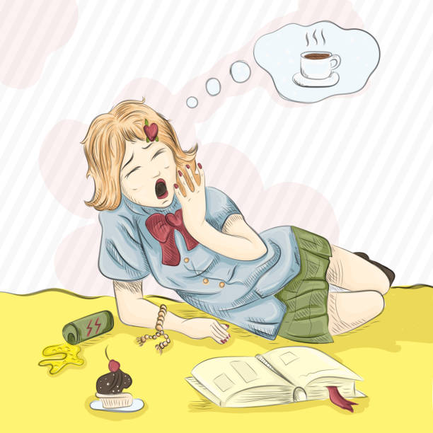 illustration drawing girl lies yawns and thinks about coffee vector illustration drawing girl lies yawns and thinks about coffee желание stock illustrations