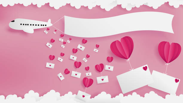 Airplane drops love mails then flowing by red balloon heart Airplane drops love mails then flowing by red balloon heart for each envelope.Two empty front of envelopes are on the right of artwork.Empty flag pulling by plane.Artwork leave some copy space places. book heart shape valentines day copy space stock illustrations