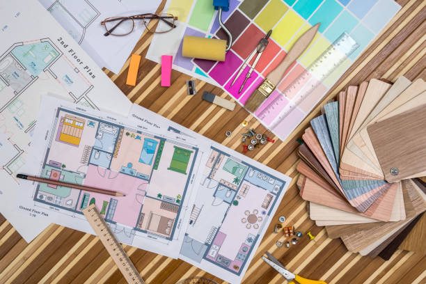 istock Architectural blueprint with wooden or paper samples and draw tools 898127164