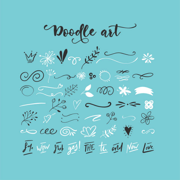 Handdrawn vector doodles Handdrawn vector doodle set. Floral elements, swashes, lines, short text messages floral design element stock illustrations