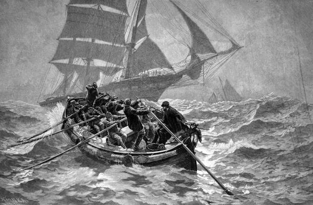 illustrazioni stock, clip art, cartoni animati e icone di tendenza di boat seafarers stanno cercando di raggiungere la nave durante una tempesta in mare -1896 - 1896