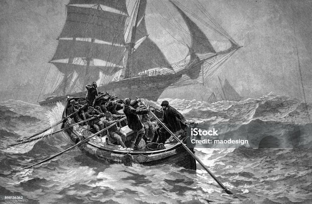 Boat Seafarers are trying to get to the ship during a storm at sea -1896 Sailor stock illustration