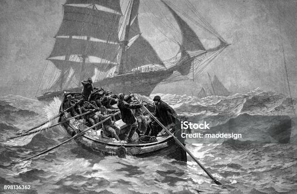 Boat Seafarers Are Trying To Get To The Ship During A Storm At Sea 1896 Stock Illustration - Download Image Now