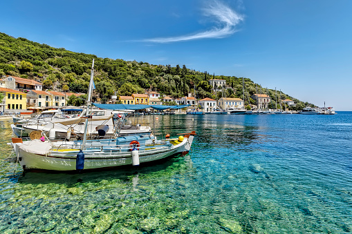 The small harbour of Kioni, Ithaka, in the Ionian Sea.