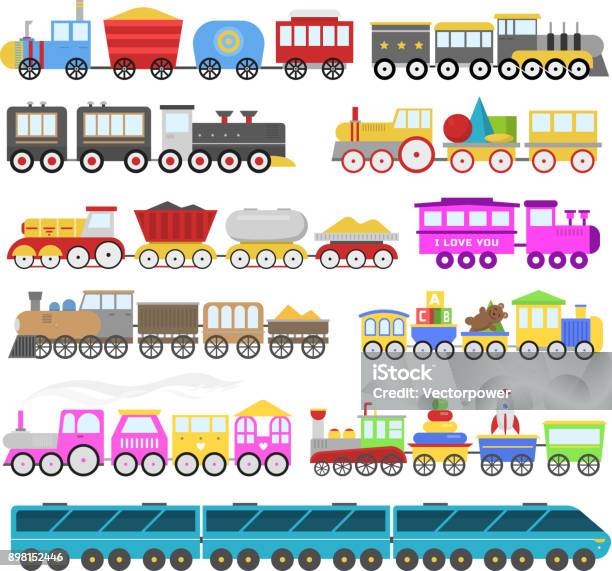 Kids Train Vector Cartoon Baby Railroad Toy Or Railway Game With Locomotive Gifted On Happy Birthday To Child In Childhood Kids Toys Isolated On White Background Illustration Stock Illustration - Download Image Now
