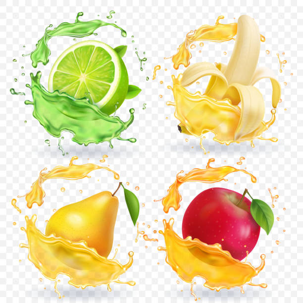 банан, яблоко, лайм, грушевый сок реалистичные фрукты брызги, вектор значок набор - lime juice illustrations stock illustrations