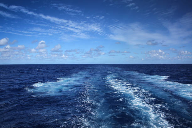 Wake of a ship across the Atlantic Ocean, on a beautiful day.