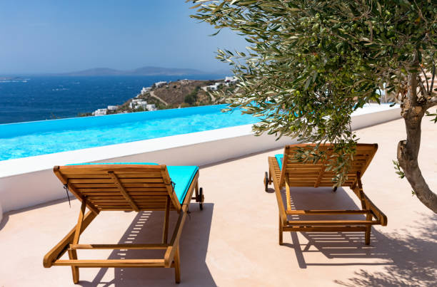 istock Olive tree with sun chairs and swimming pool 898177114